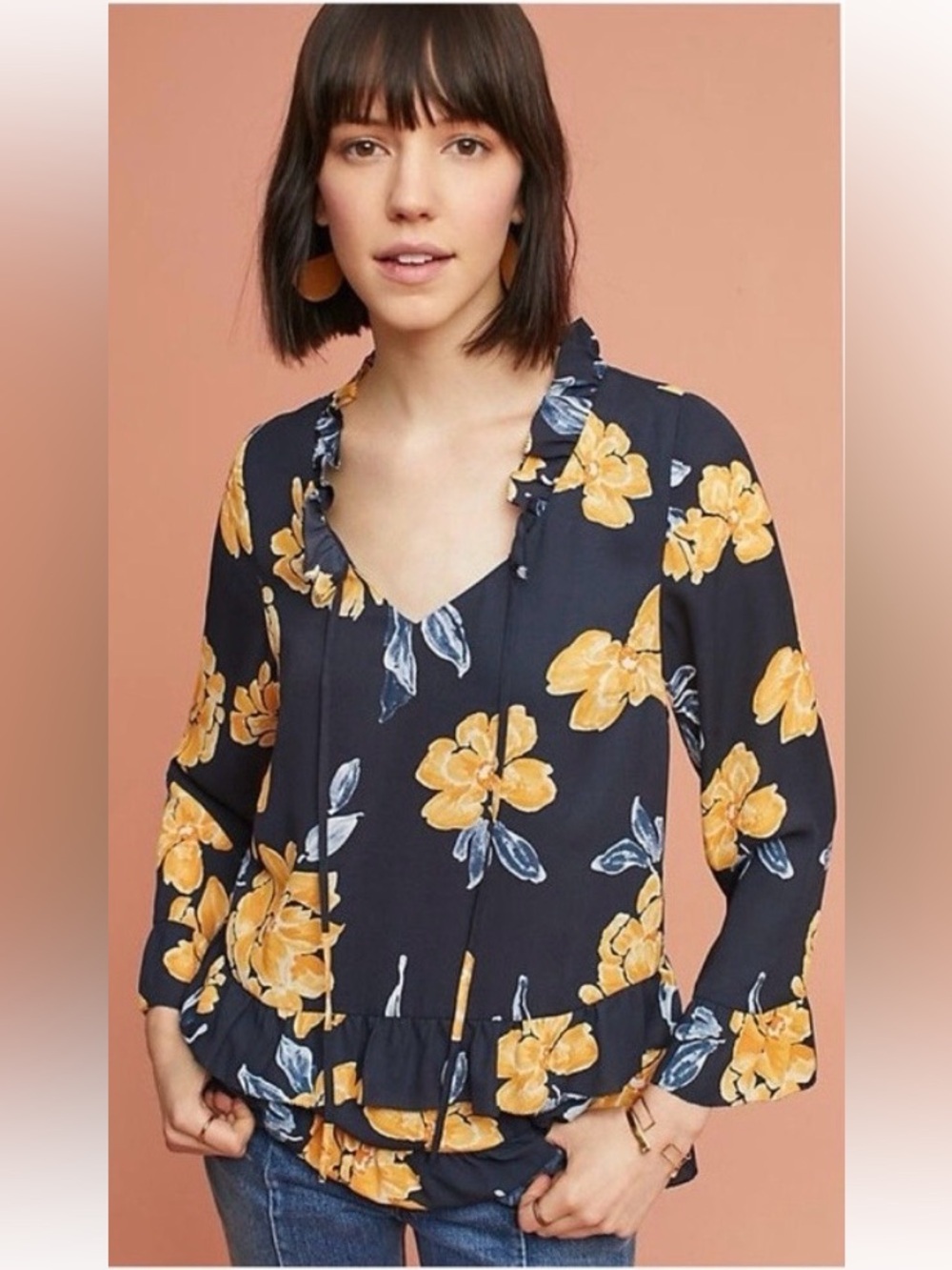 Paper Crown Floral Ruffle Blouse Gold Navy Tiered Tie Neck Size Small